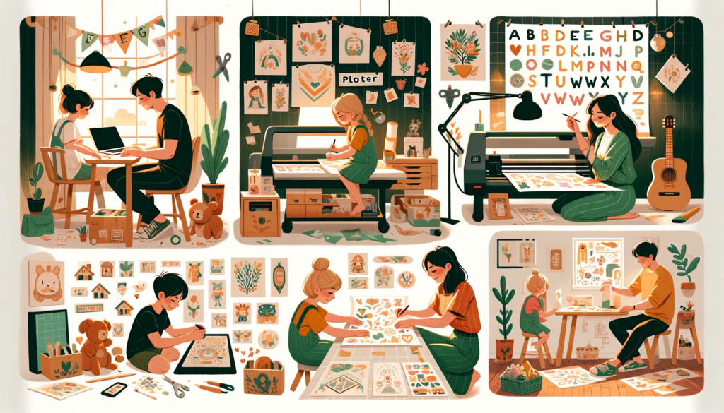 Illustrations in a unique handcrafted style similar to independent art found on platforms like Etsy showing a family engaged in plotter projects. T